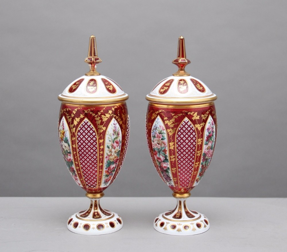 Pair of 19th Century overlay glass vases