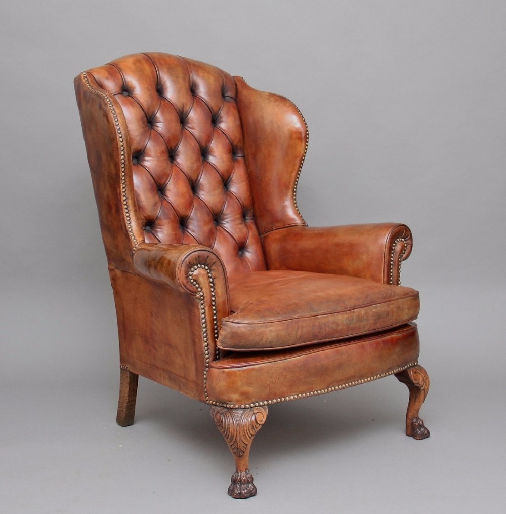 Early 20th Century mahogany and leather wing armchair