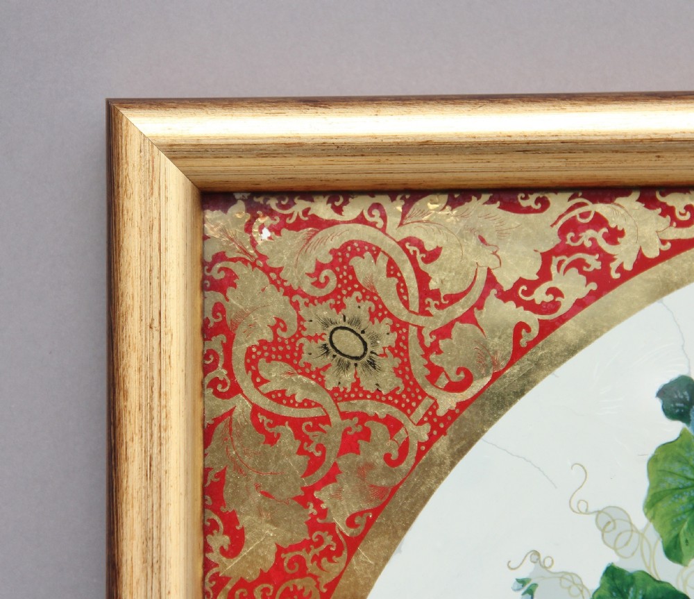 A pair of early 19th-century framed botanical paintings depicting colourful floral bouquets within oval apertures surrounded by red and gold patterned borders. View IV