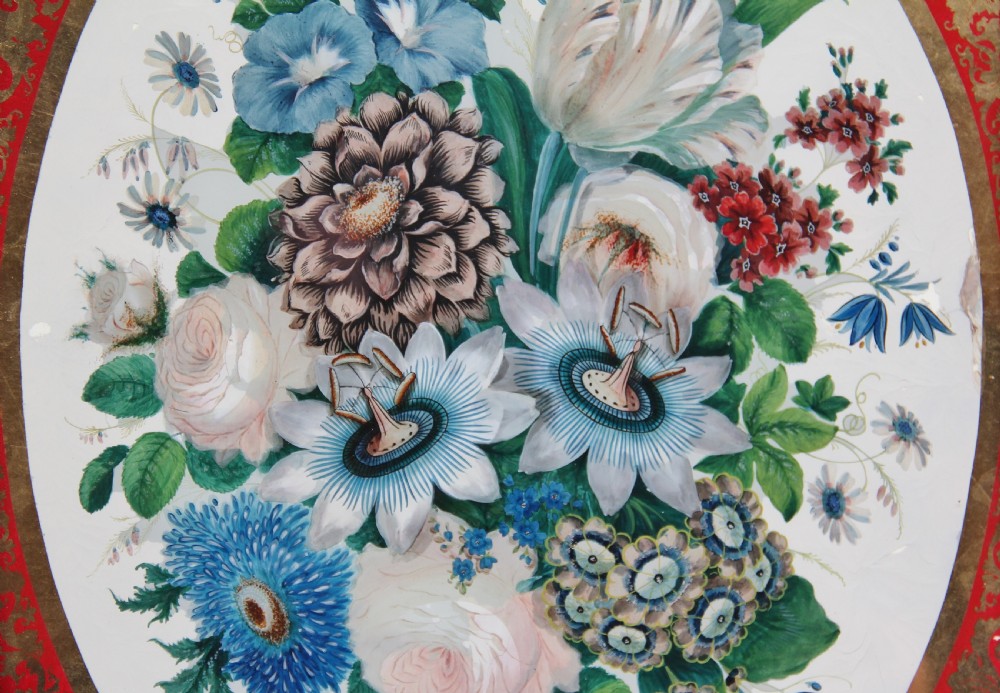 A pair of early 19th-century framed botanical paintings depicting colourful floral bouquets within oval apertures surrounded by red and gold patterned borders. View VIII