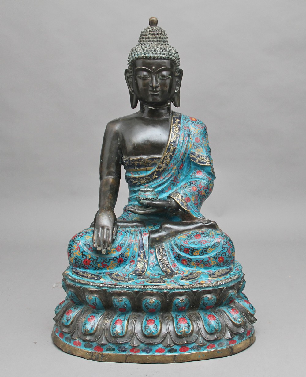 Large early 19th Century bronze and cloisonne Buddha