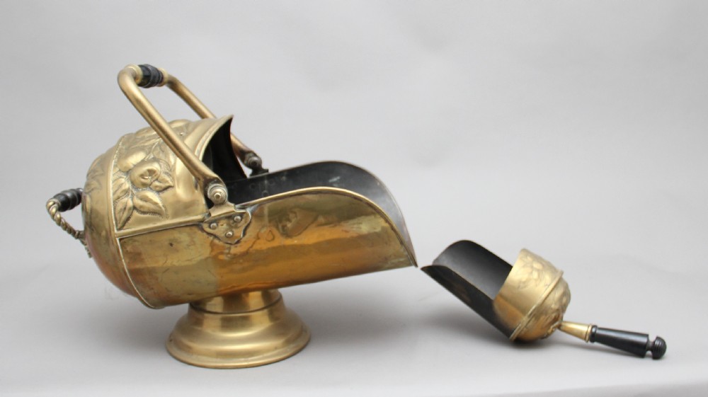 19th Century brass coal scuttle and shovel View II