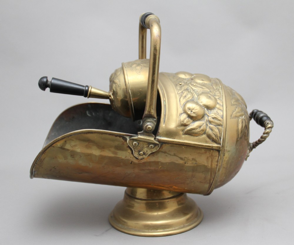 19th Century brass coal scuttle and shovel View V
