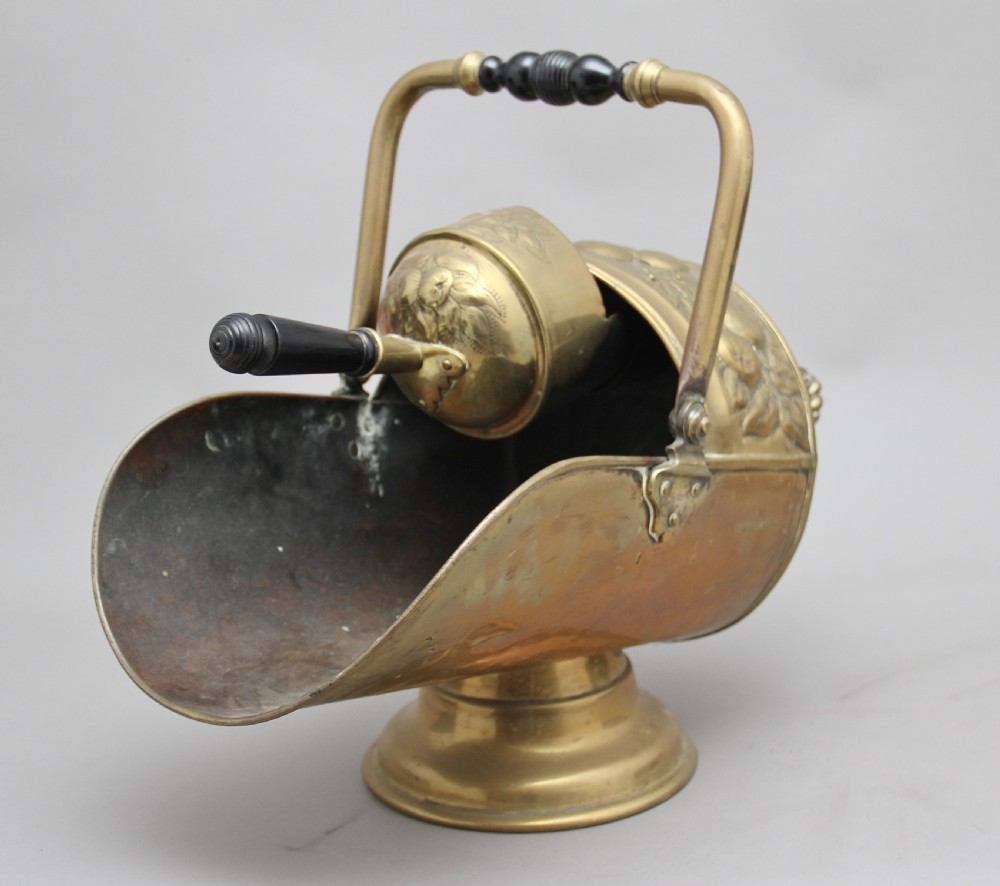 19th Century brass coal scuttle and shovel View VI