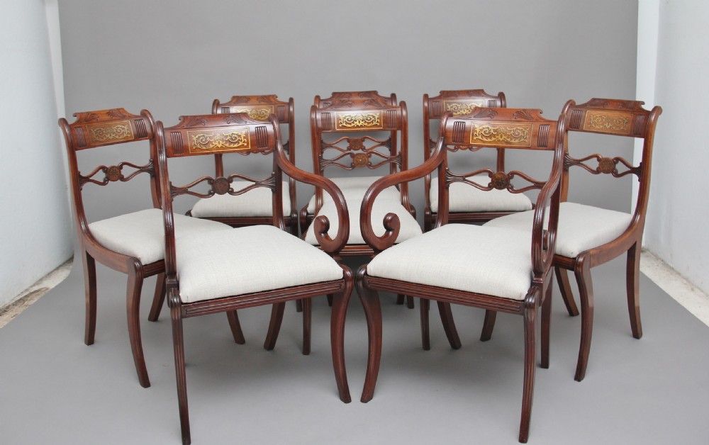 Set of eight Regency mahogany & brass inlaid dining chairs