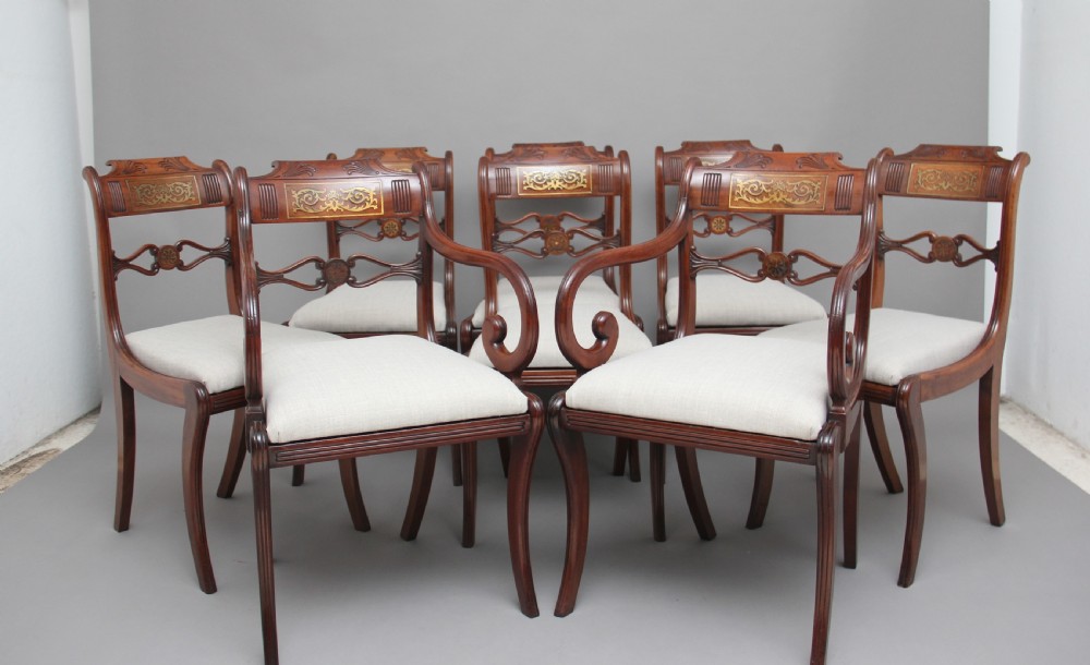 Set of eight Regency mahogany & brass inlaid dining chairs View II