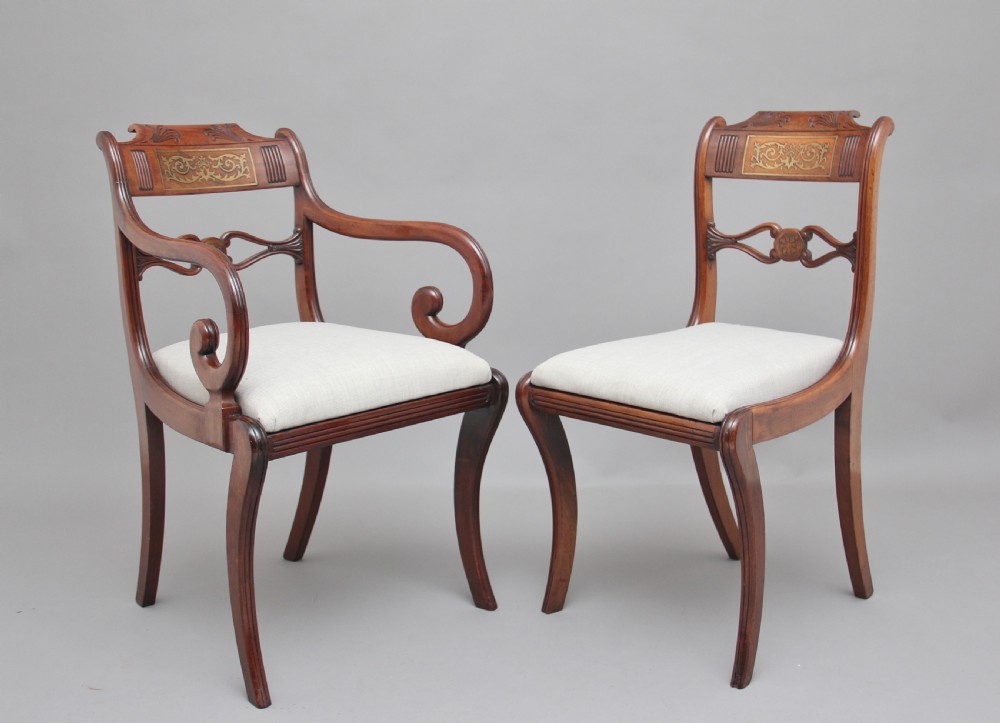 Set of eight Regency mahogany & brass inlaid dining chairs View III