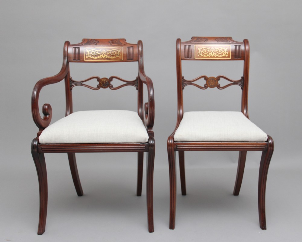 Set of eight Regency mahogany & brass inlaid dining chairs View IV