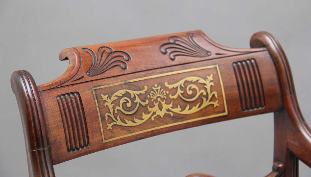 Set of eight Regency mahogany & brass inlaid dining chairs View IX