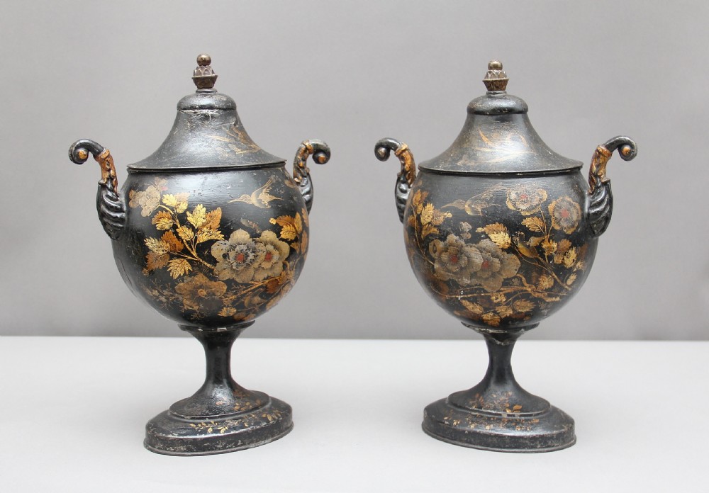 Pair of Early 19th Century Tole Chestnut Urns
