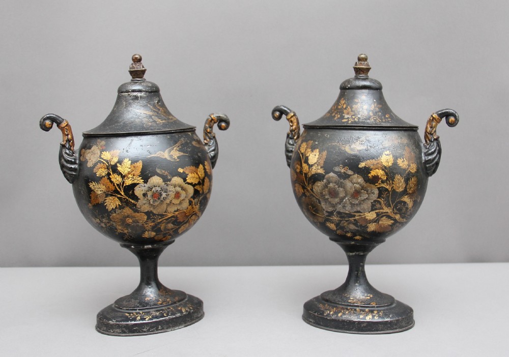 Pair of Early 19th Century Tole Chestnut Urns View II