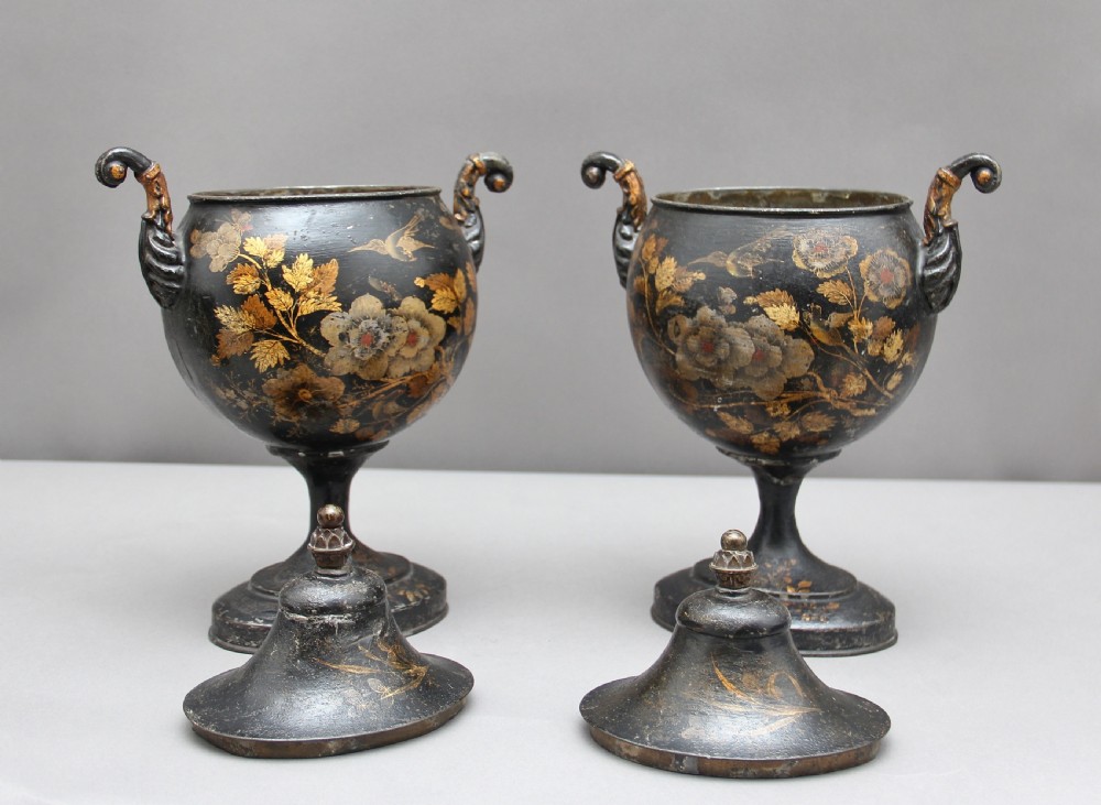 Pair of Early 19th Century Tole Chestnut Urns View III