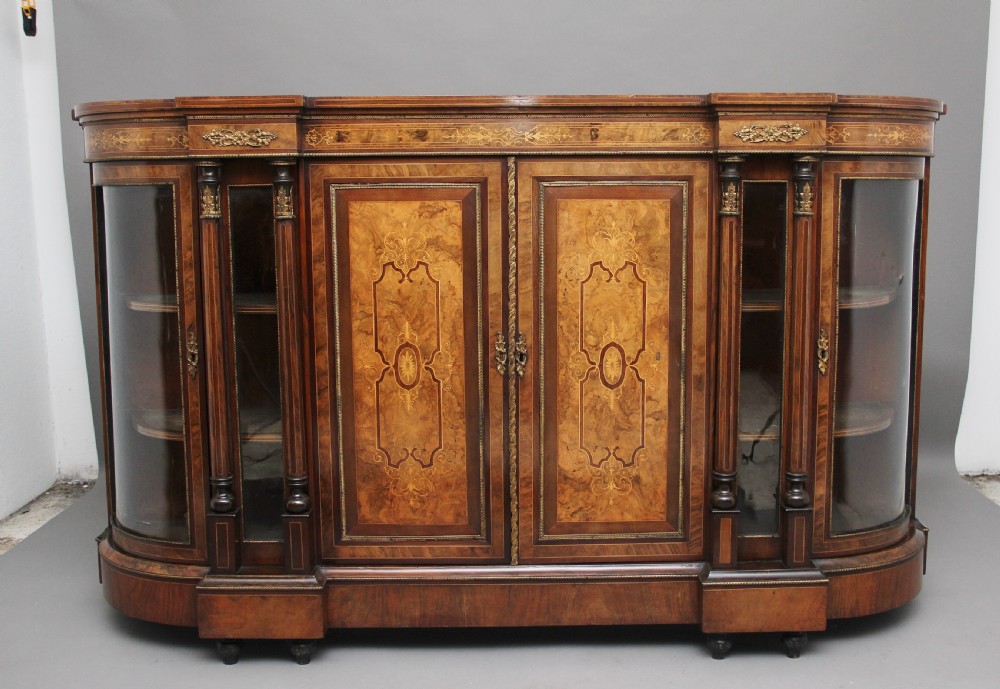 19th Century burr walnut breakfront credenza