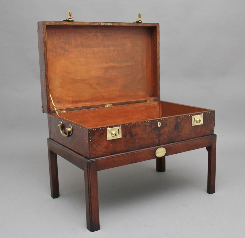 Early 20th Century leather bound ex army trunk on stand View II