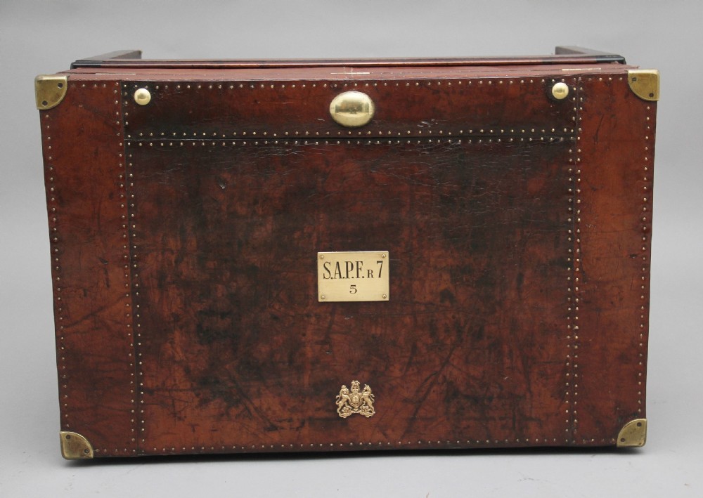 Early 20th Century leather bound ex army trunk on stand View III