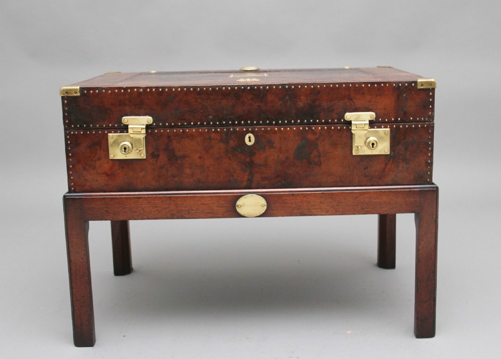 Early 20th Century leather bound ex army trunk on stand View IV
