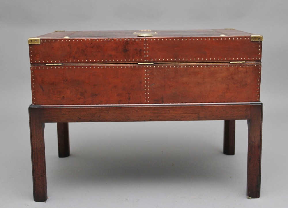 Early 20th Century leather bound ex army trunk on stand View VI