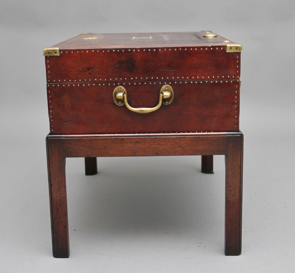 Early 20th Century leather bound ex army trunk on stand View VII