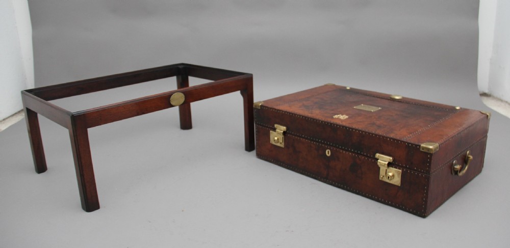 Early 20th Century leather bound ex army trunk on stand View VIII