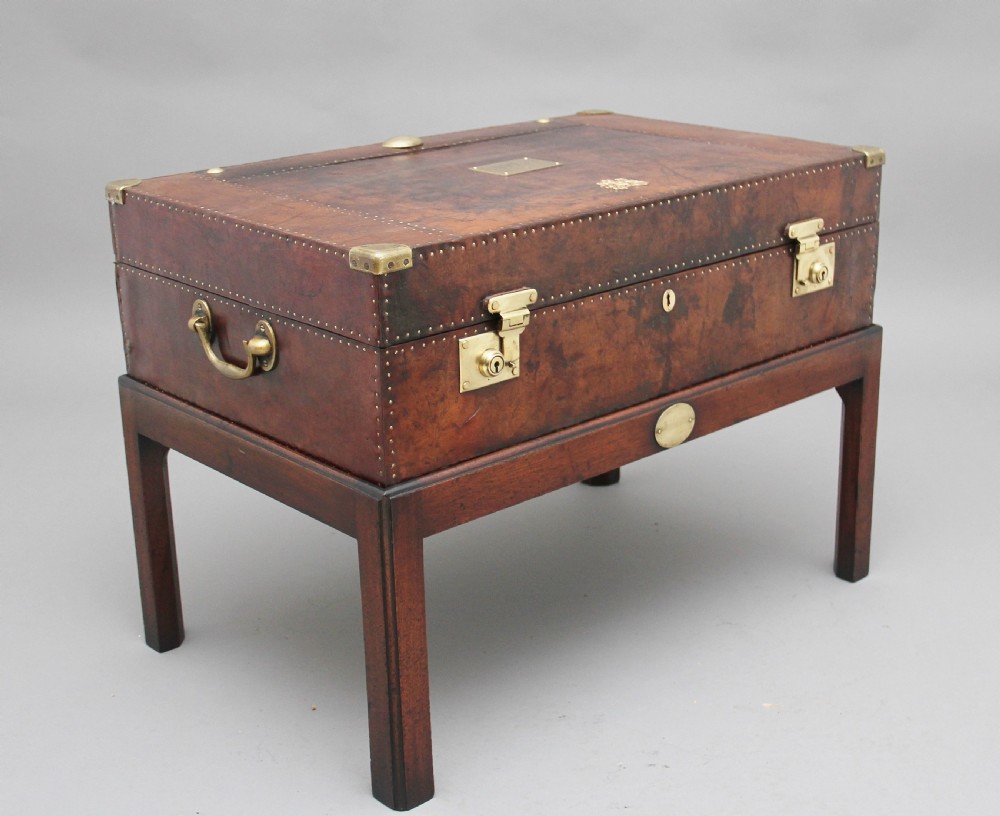 Early 20th Century leather bound ex army trunk on stand View IX