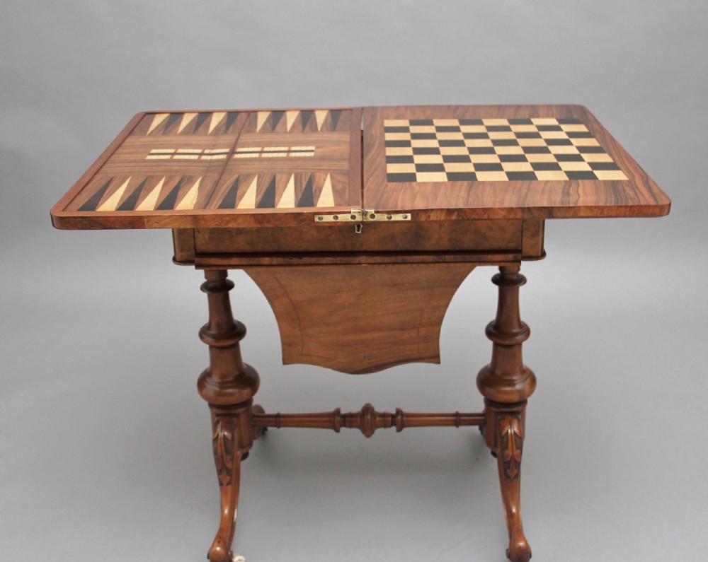 19th Century burr walnut games table View VII