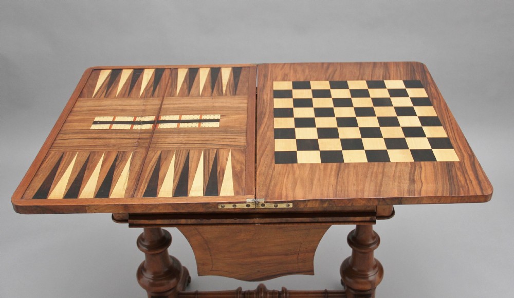 19th Century burr walnut games table View VIII