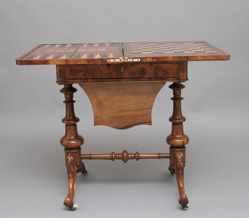 19th Century burr walnut games table View IX