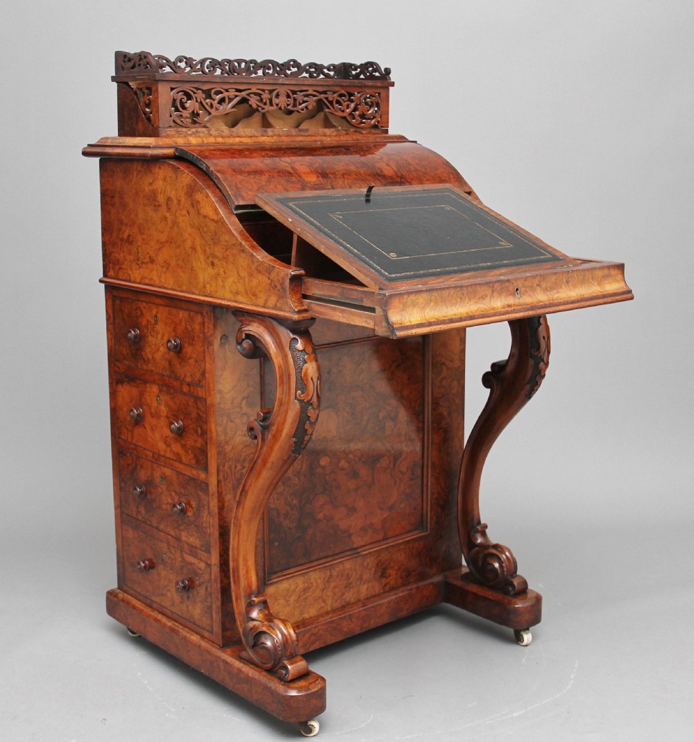 19th Century burr walnut rising top davenport View II