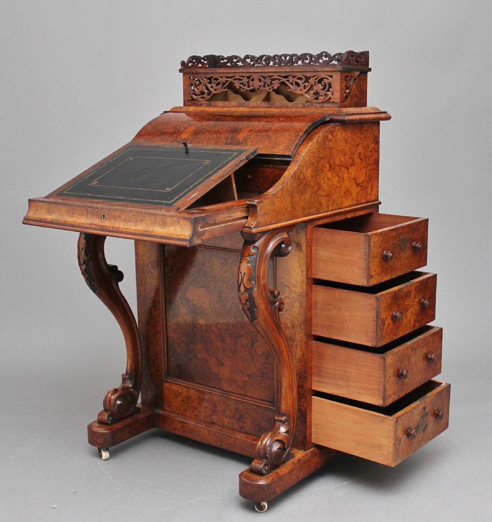 19th Century burr walnut rising top davenport View III