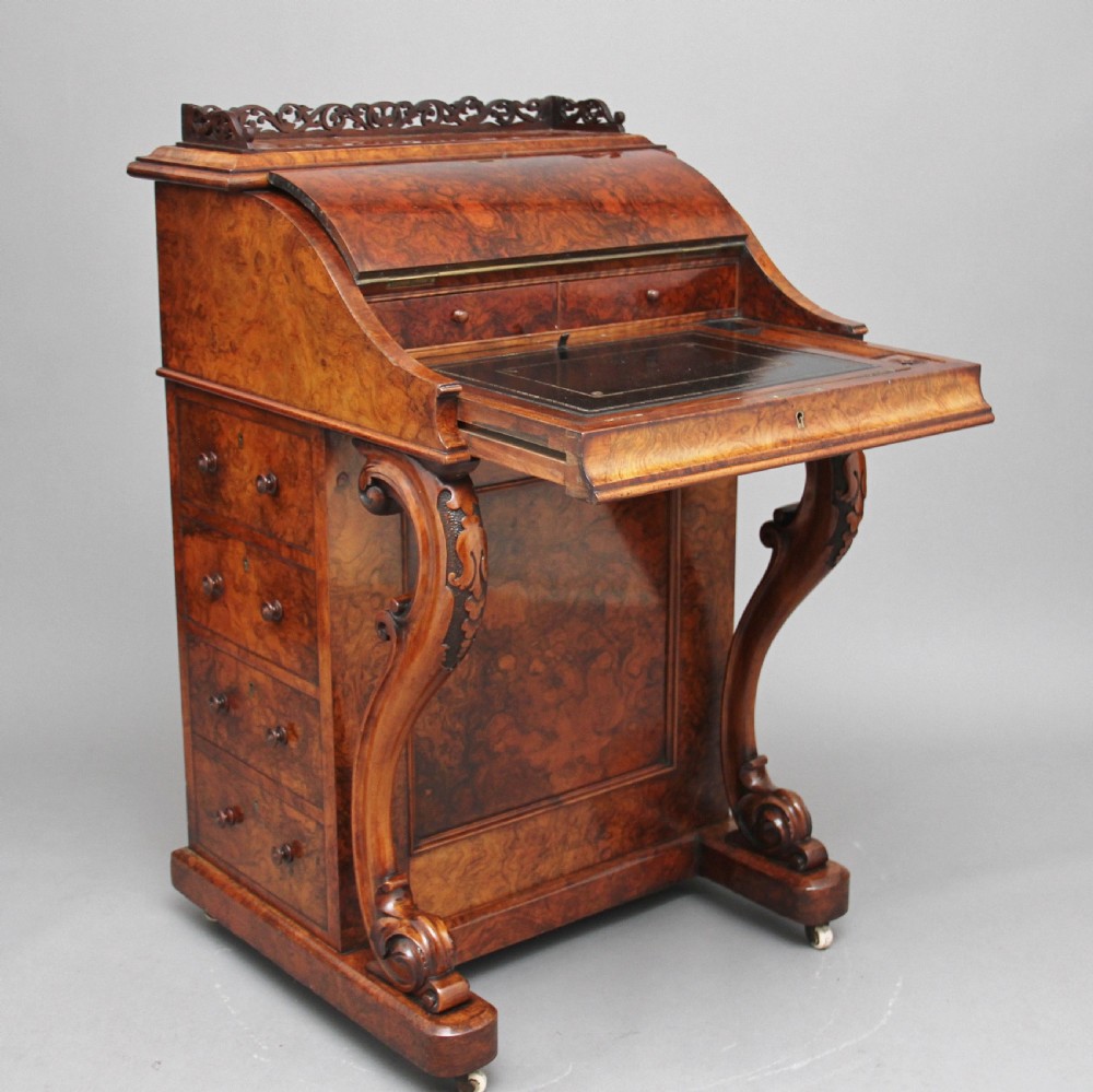 19th Century burr walnut rising top davenport View IX
