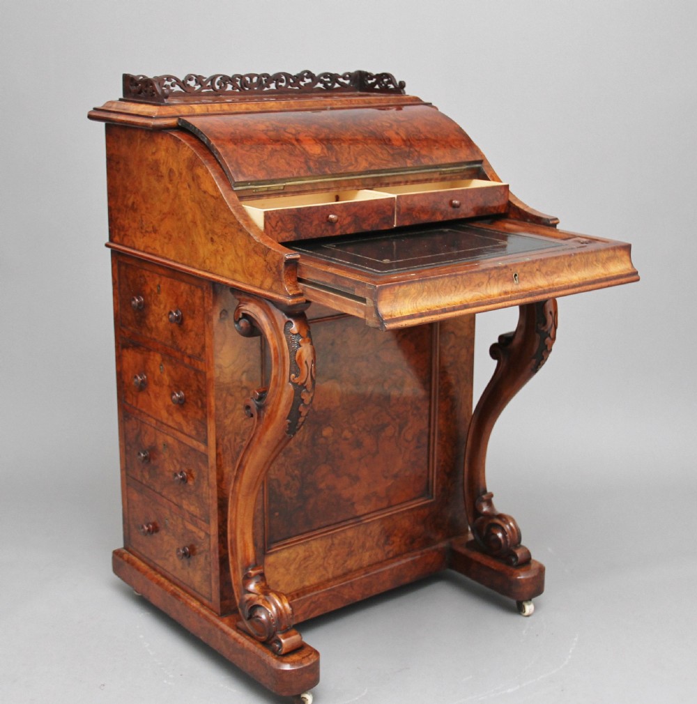 19th Century burr walnut rising top davenport View X