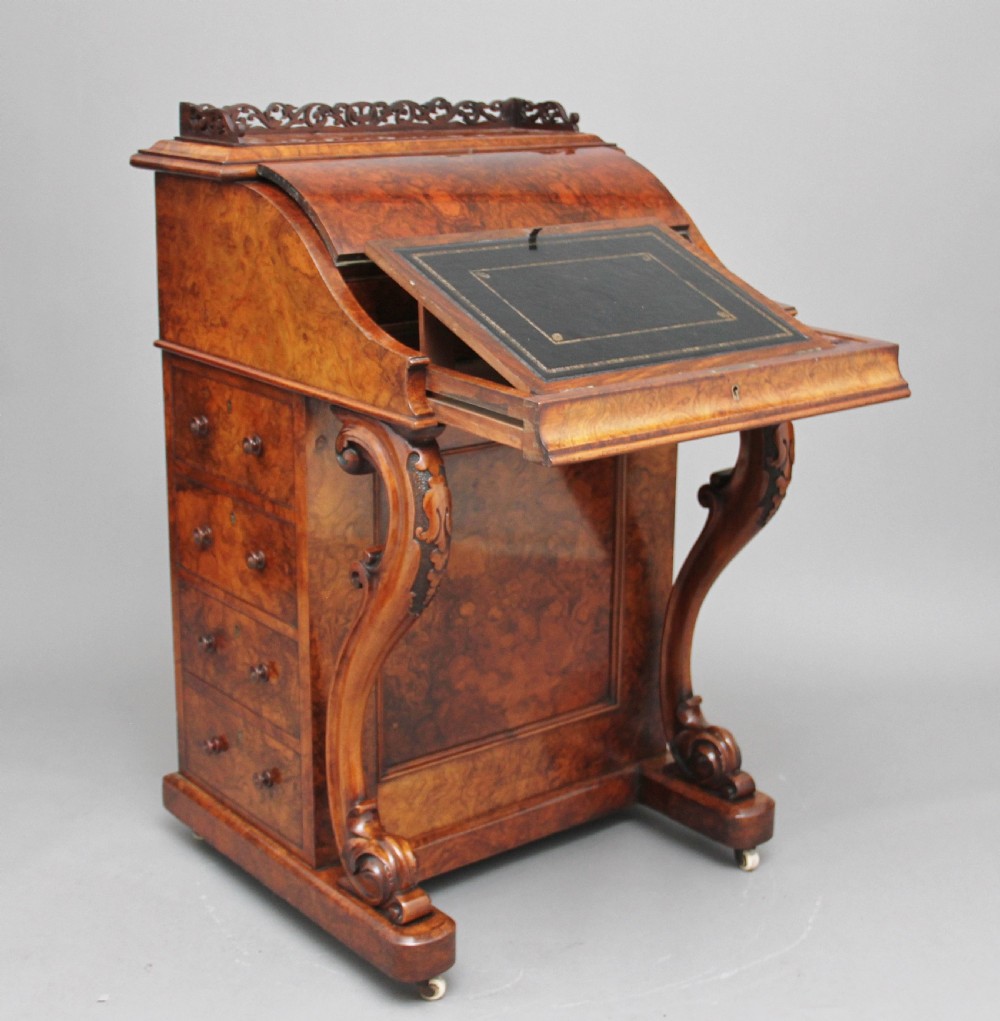 19th Century burr walnut rising top davenport View XI