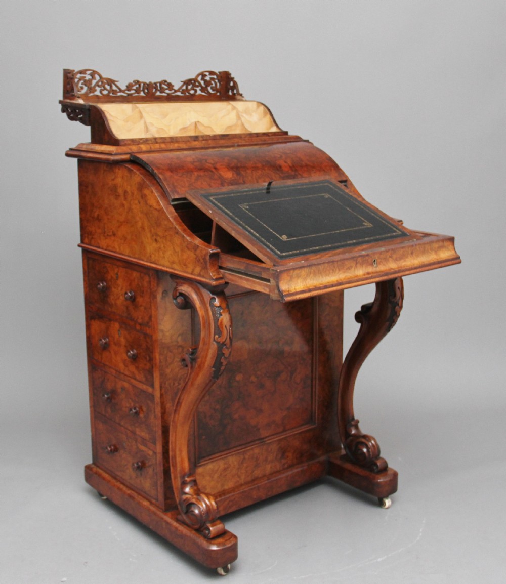 19th Century burr walnut rising top davenport View XII