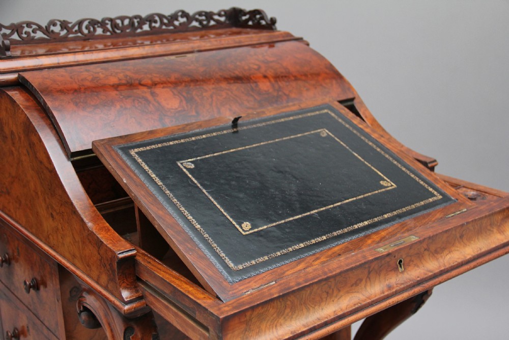 19th Century burr walnut rising top davenport View XVI
