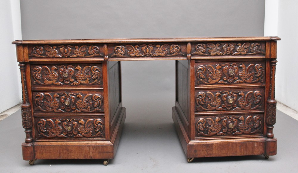 19th Century carved oak partners desk