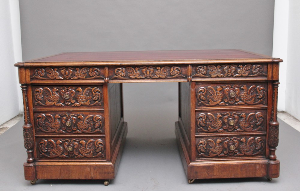 19th Century carved oak partners desk View II
