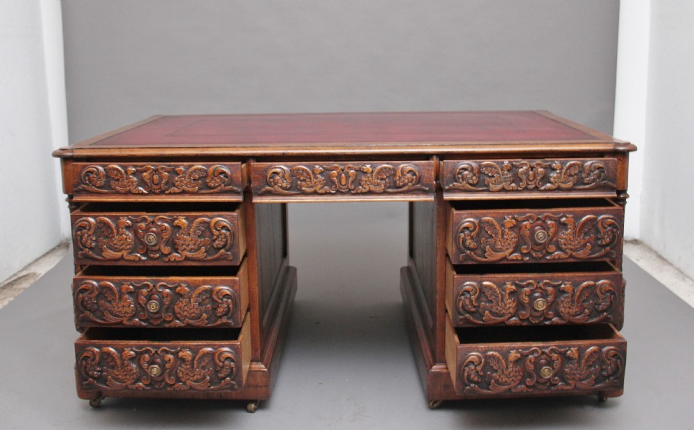 19th Century carved oak partners desk View III