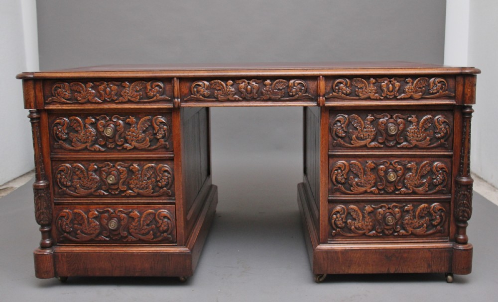 19th Century carved oak partners desk View V