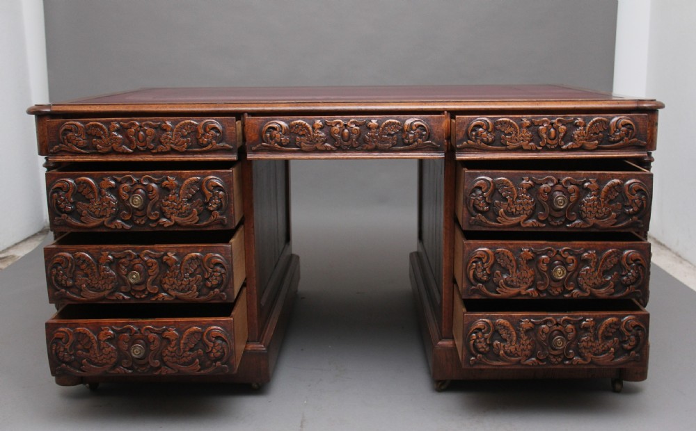 19th Century carved oak partners desk View XIII