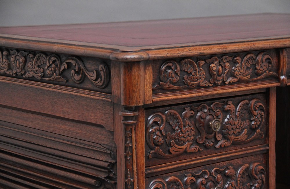19th Century carved oak partners desk View XIV