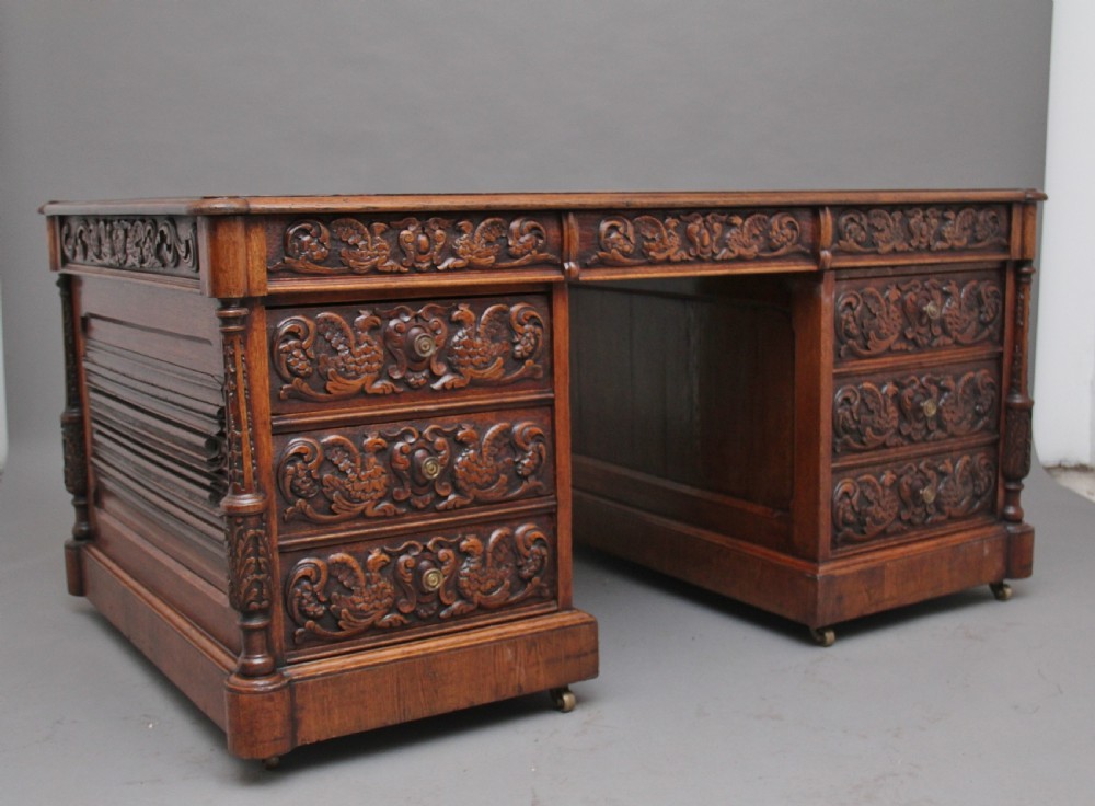 19th Century carved oak partners desk View XV