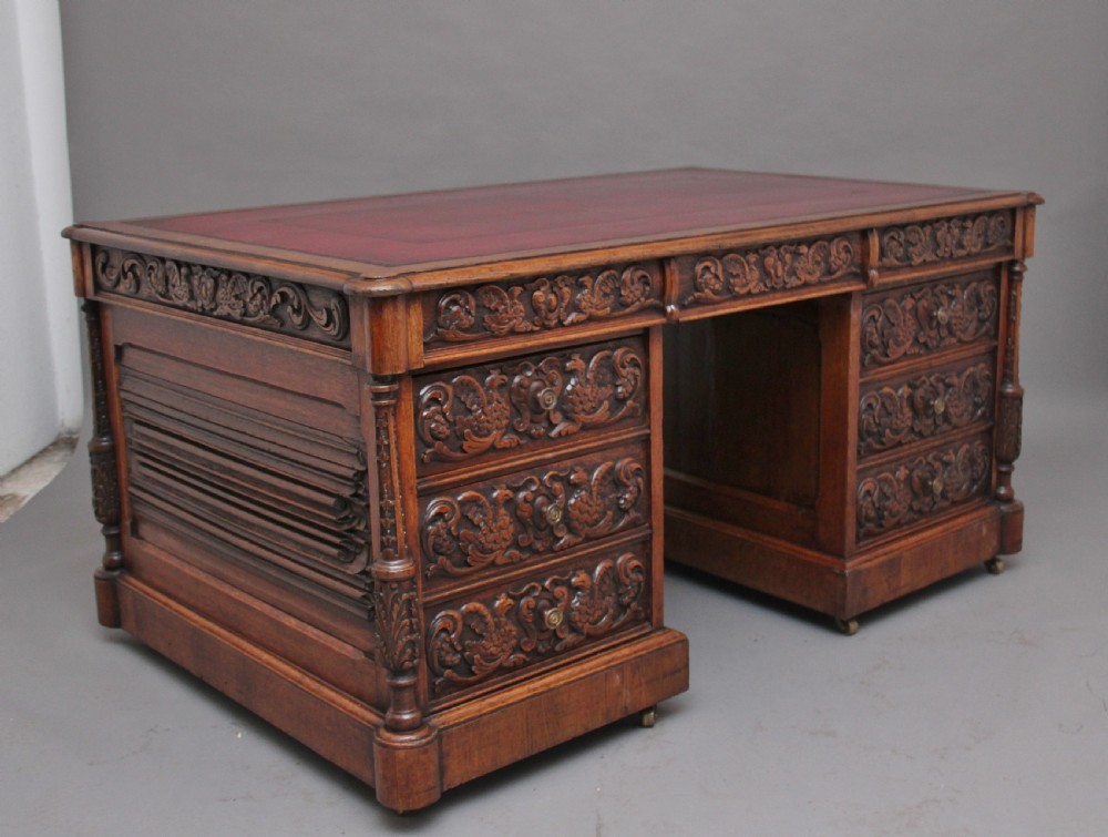 19th Century carved oak partners desk View XVI