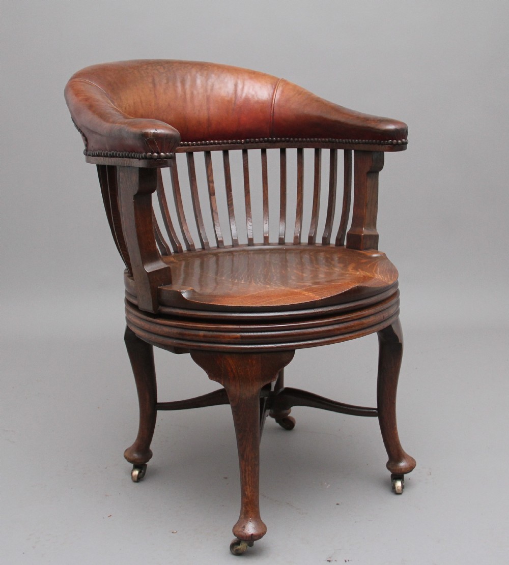 19th Century oak and leather swivel desk chair