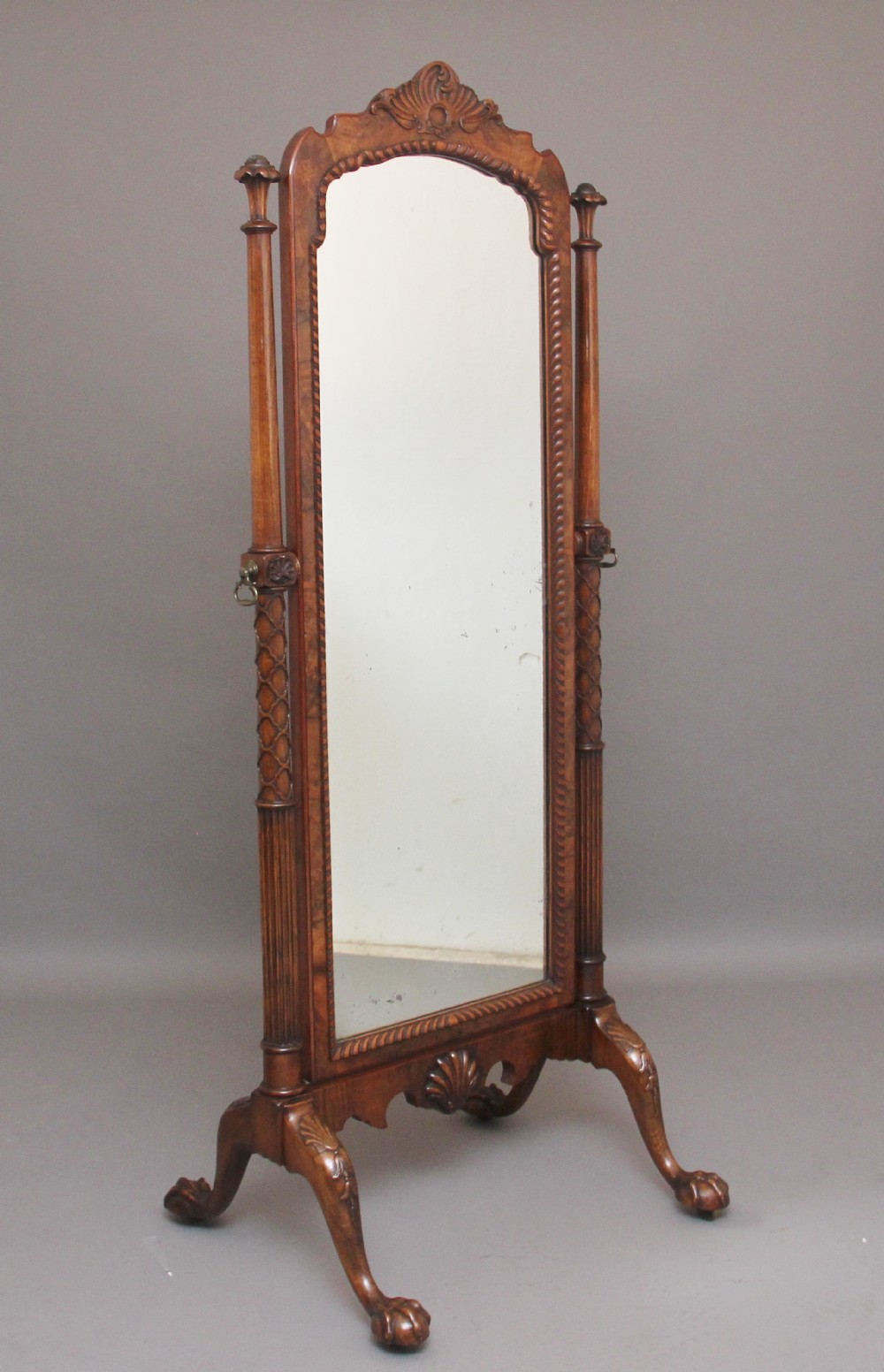 Early 20th Century burr walnut cheval mirror