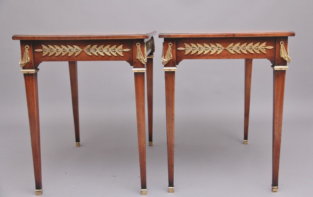 Pair of French mahogany and brass mounted lamp tables View V