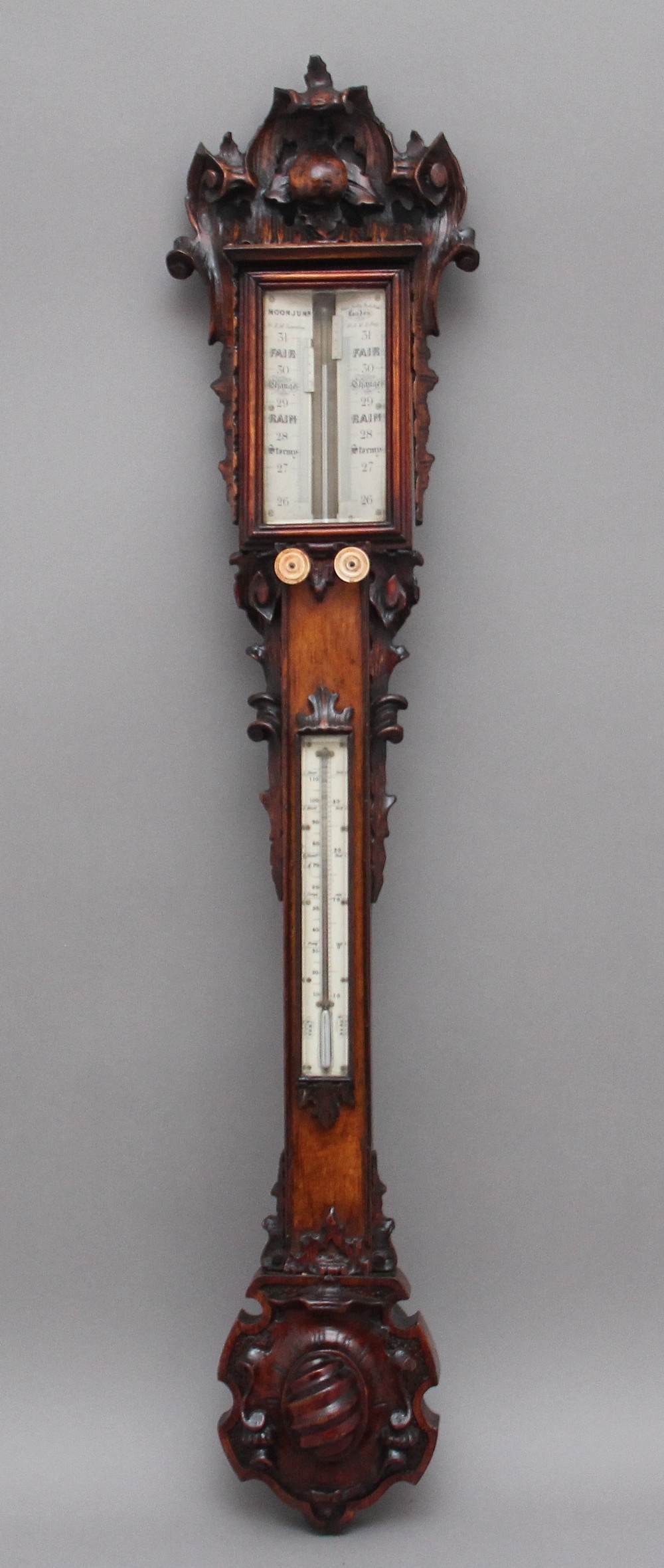 19th Century carved oak cased stick barometer