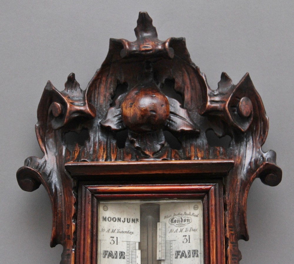 19th Century carved oak cased stick barometer View IV