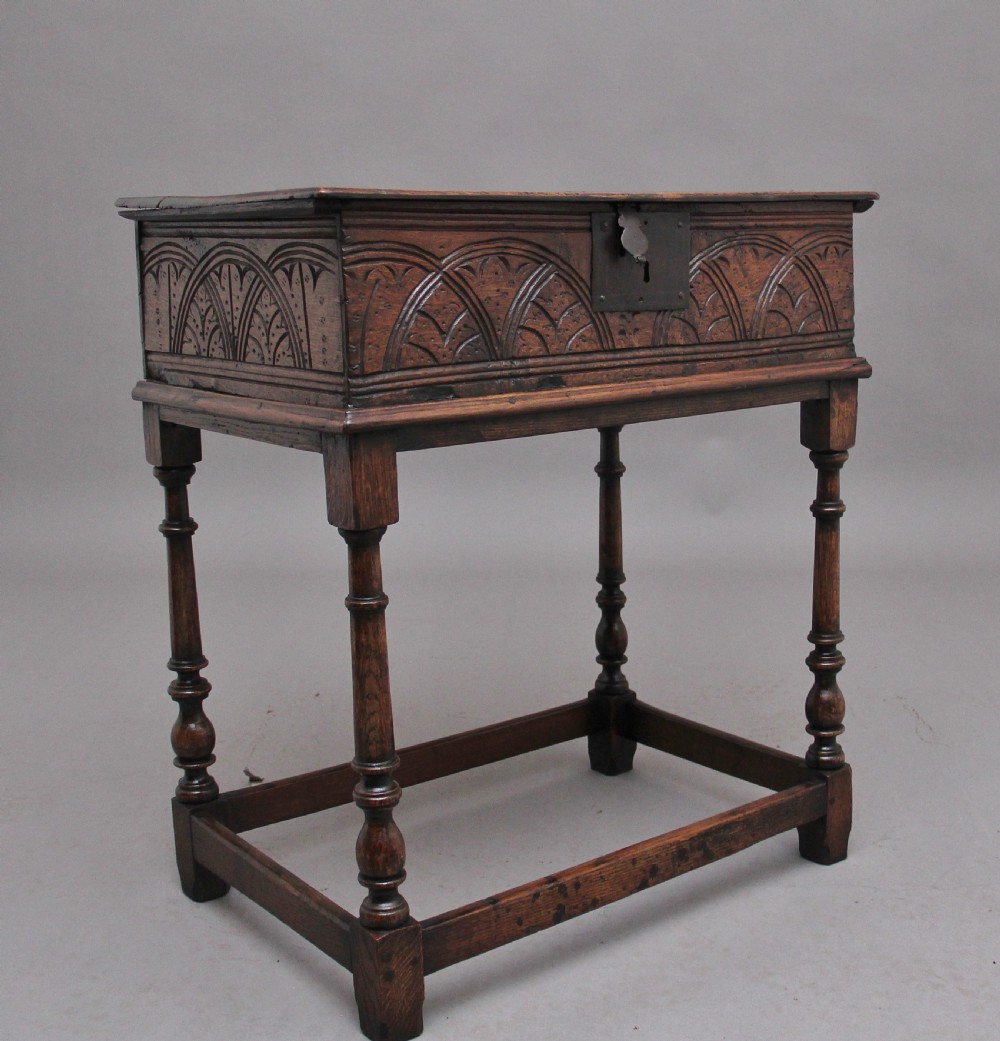 17th Century oak bible box on later stand View II