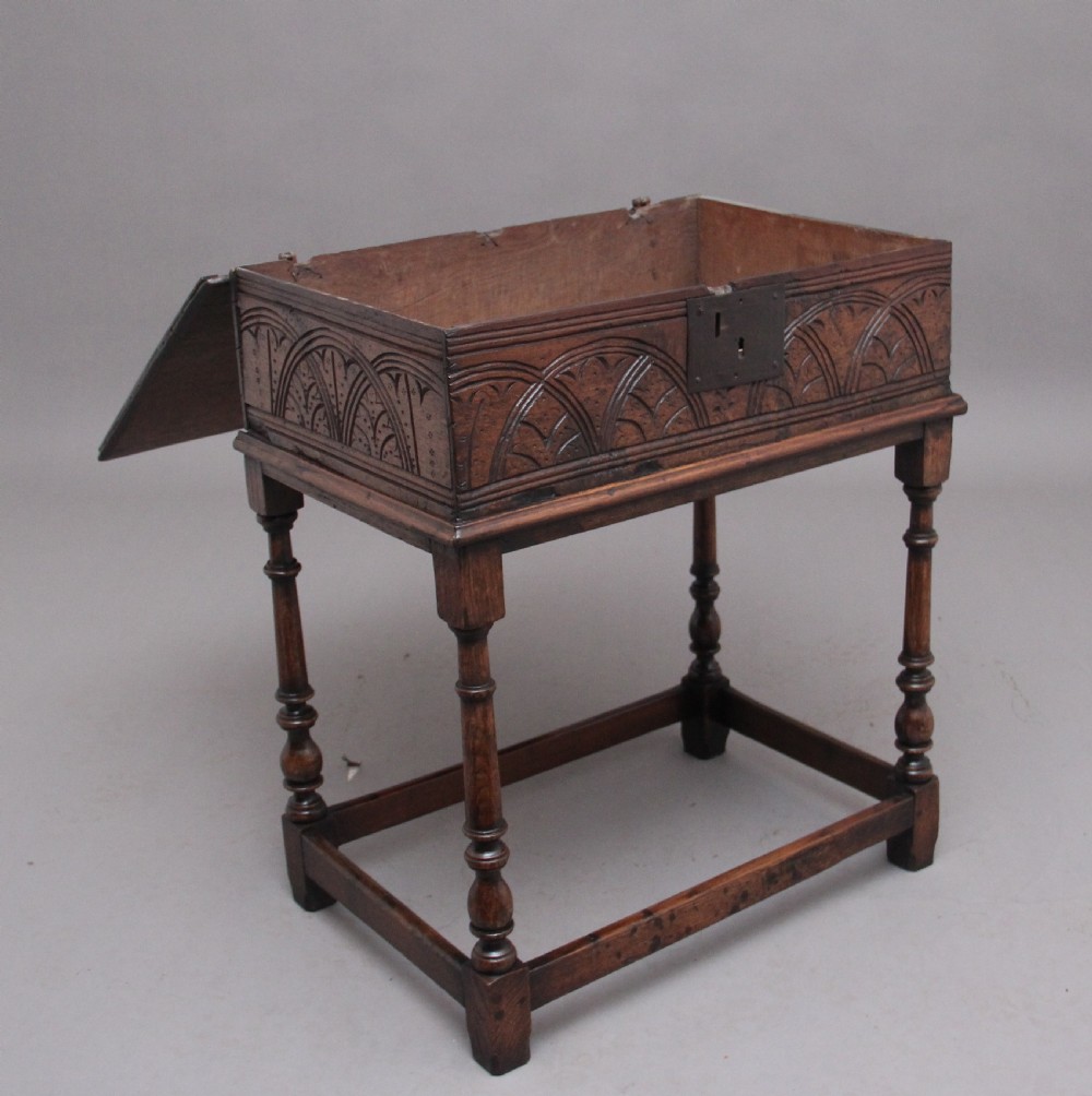 17th Century oak bible box on later stand View III