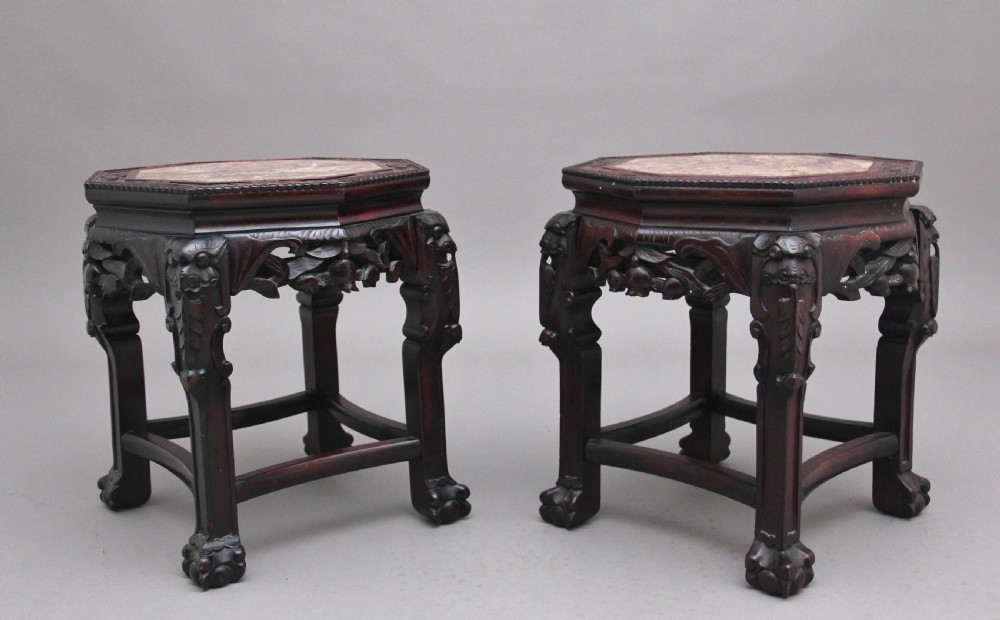 Pair 19th Century Chinese carved hardwood occasional tables  View II